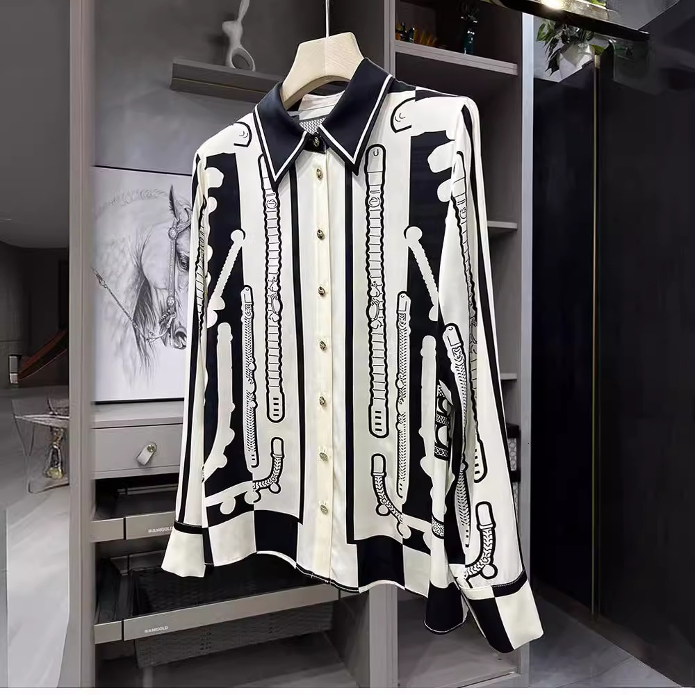 Mulberry SILK New Women's High-end Silk Shirt with Printed Long Sleeves, Unique and Elegant Business Top