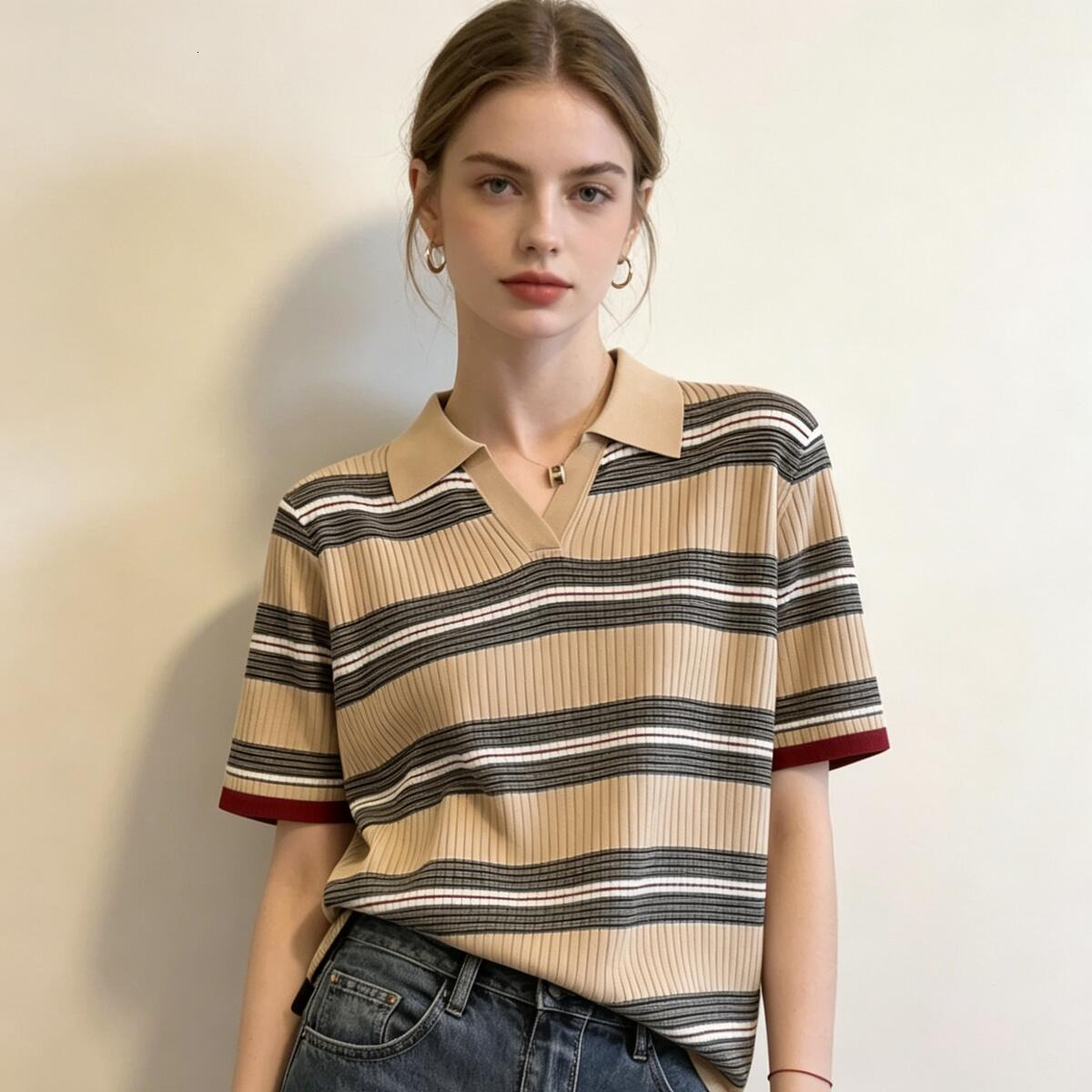Womens Knit Tee Womens Lyocell Striped Slim Fit Korean Thin Short Sleeve Light Top For Women Daily Minimalist Office Street Outfits