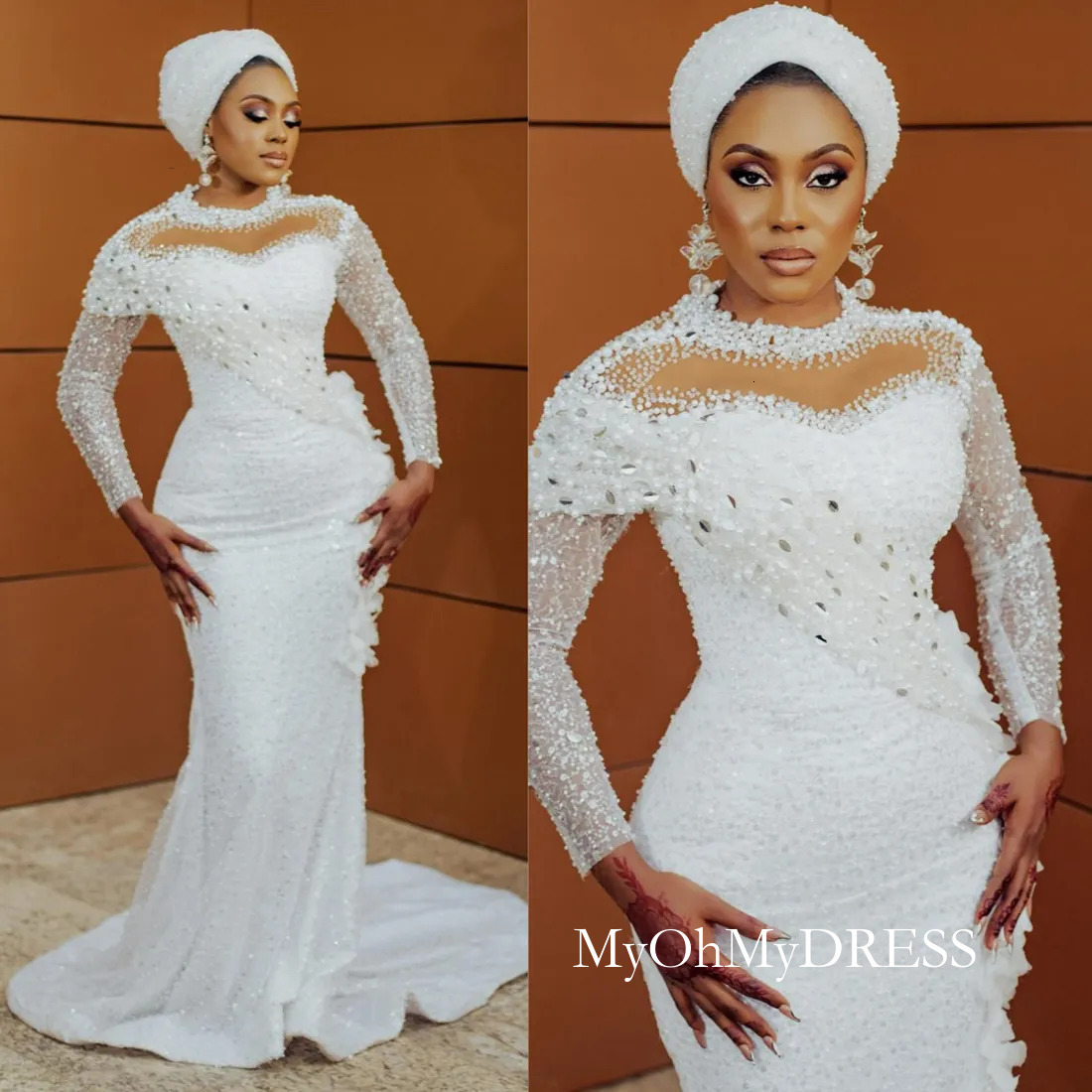 Size 2024 Plus Aso Ebi Mermaid Dresses Bridal Bride High Neck Sequin Lace Pearls Decorated Wedding Gowns For African Nigeria Black Women Girl Nw140