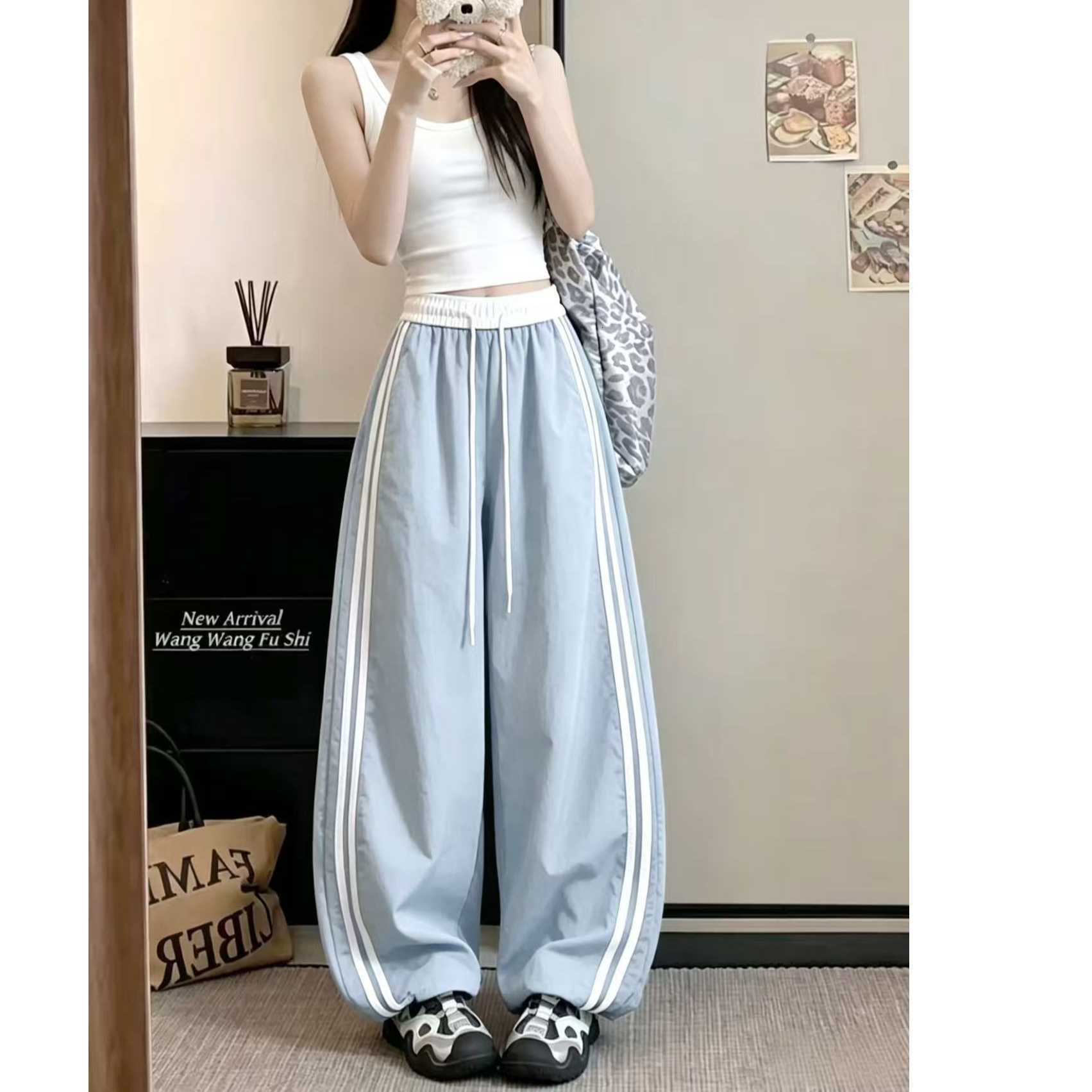 Color blocking striped quick drying women's pants, new summer 2026 high waisted loose fit multifunctional casual wide leg pants, sports pants,