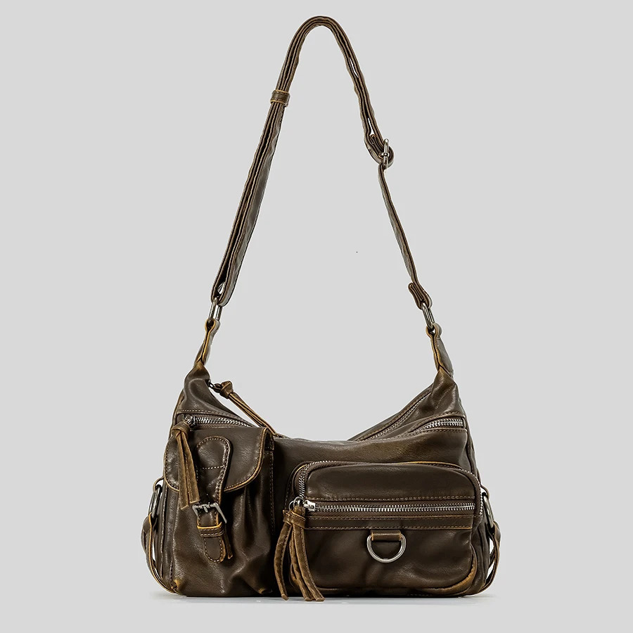 Vintage Multiple Pockets Women Shoulder Bags Washed Pu Leather Crossbody Bag Retro Motorcycle Bag Y2K Sac for Girls 2026 260623BJ