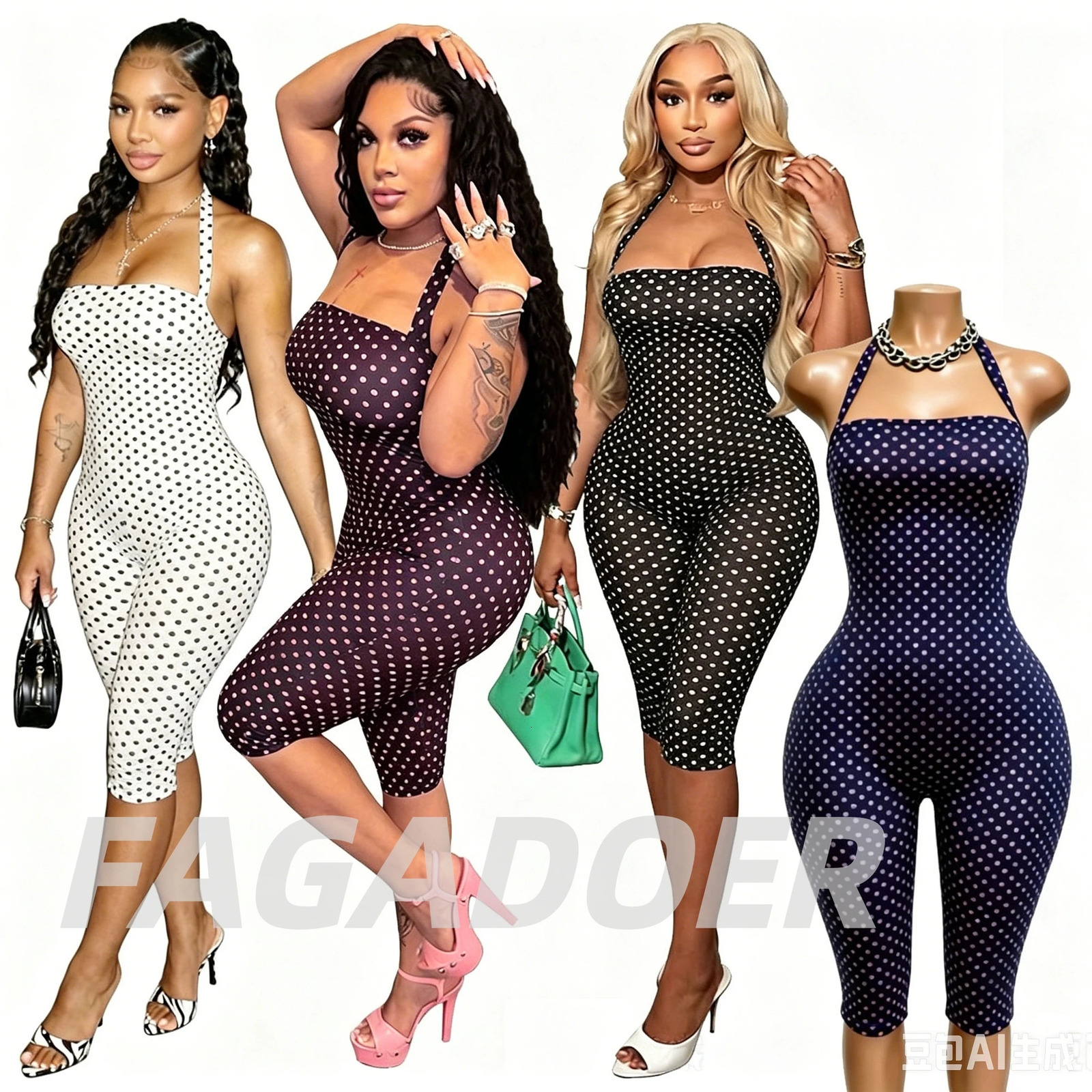 FAGADOER Sexy Polka Dot Halter Romper Fashion Print Backless Bodycon Jumpsuits Women Summer Streetwear Party Club Playsuits 260624