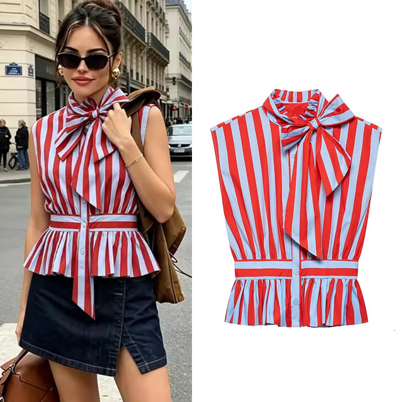 Womens Shirt 2026 Summer Sleeveless VNeck Rope Knot Stripe Casual Chic Personality Resortstyle Ladies Top 260623