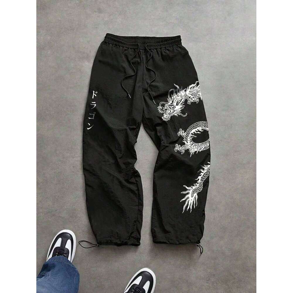 Men's Spring Summer Dragon Print Baggy Nylon Pants, Streetwear Joggers for Gym Workout Casual Daily Wear, Black & Blue W260624
