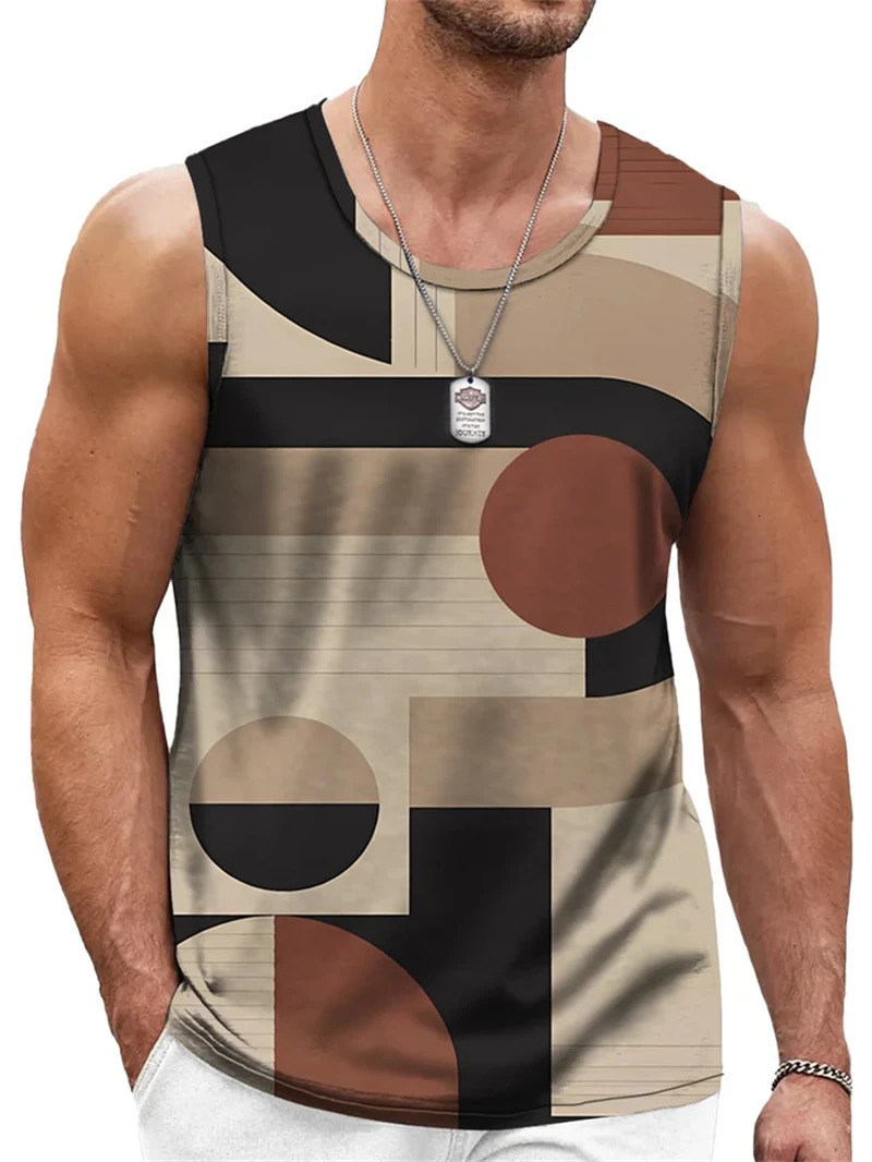 Mens Retro Geometric 3D Printed Tank Top Summer Casual Crew Neck Fashion Trend Sleeveless Vest Loose Breathable Sports Tops 260623