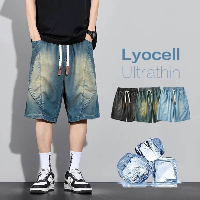 High Quality Summer Lyocell Fabric Mens Denim Shorts Retro Loose Straight Elastic Waist Cargo Male Plus Size 5 6 7 8XL 260613