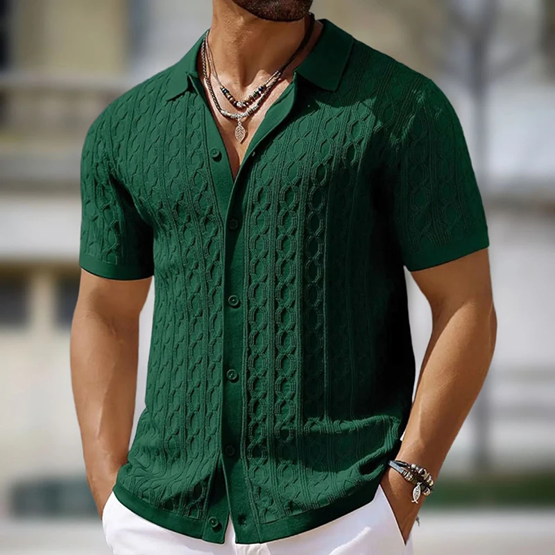 Mens Casual Knit Polo Shirt Short Sleeve Button Up Solid Color Textured Knit Top Lightweight Business Casual Daily Wear For Men 260623