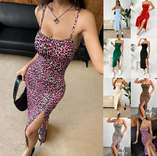2026 Summer Womens Strapless Dress Tight-Fitting High-Slit Solid Color Leopard Print Bodycon Dress