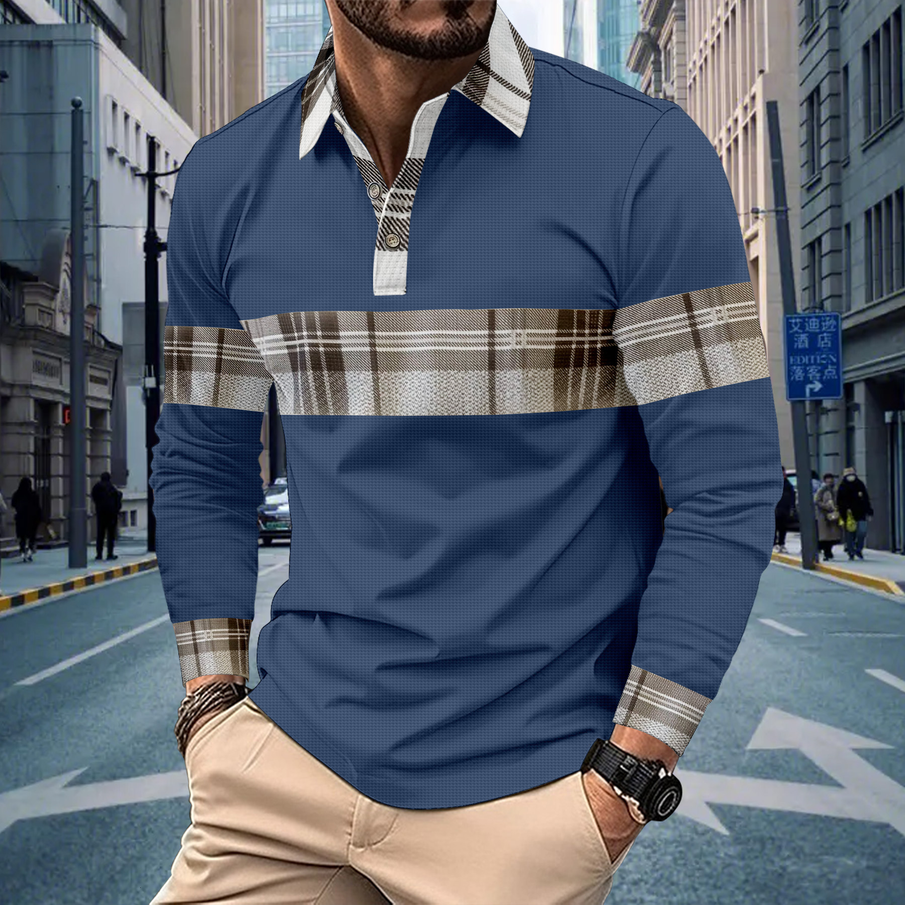 2024 New Cross-Border European And American Men's Casual Polo Shirt, Sleeve, Striped, Buttoned, Waffle Print Long Sleeve