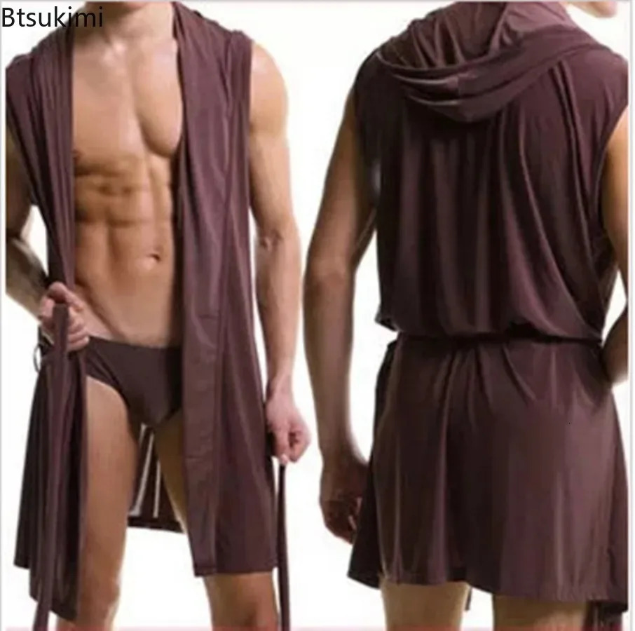 2026 Summer Mens Sexy Sleeveless Pajama Kimono Robe Fashion Loose Casual Hooded Bathrobes Cool Smooth Bath Male Sleep Gown 260623