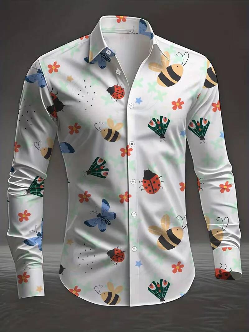 New 3D Butterfly Printed Long Sleeved Casual And Fashionable Street Men's Shirt, Lapel Top