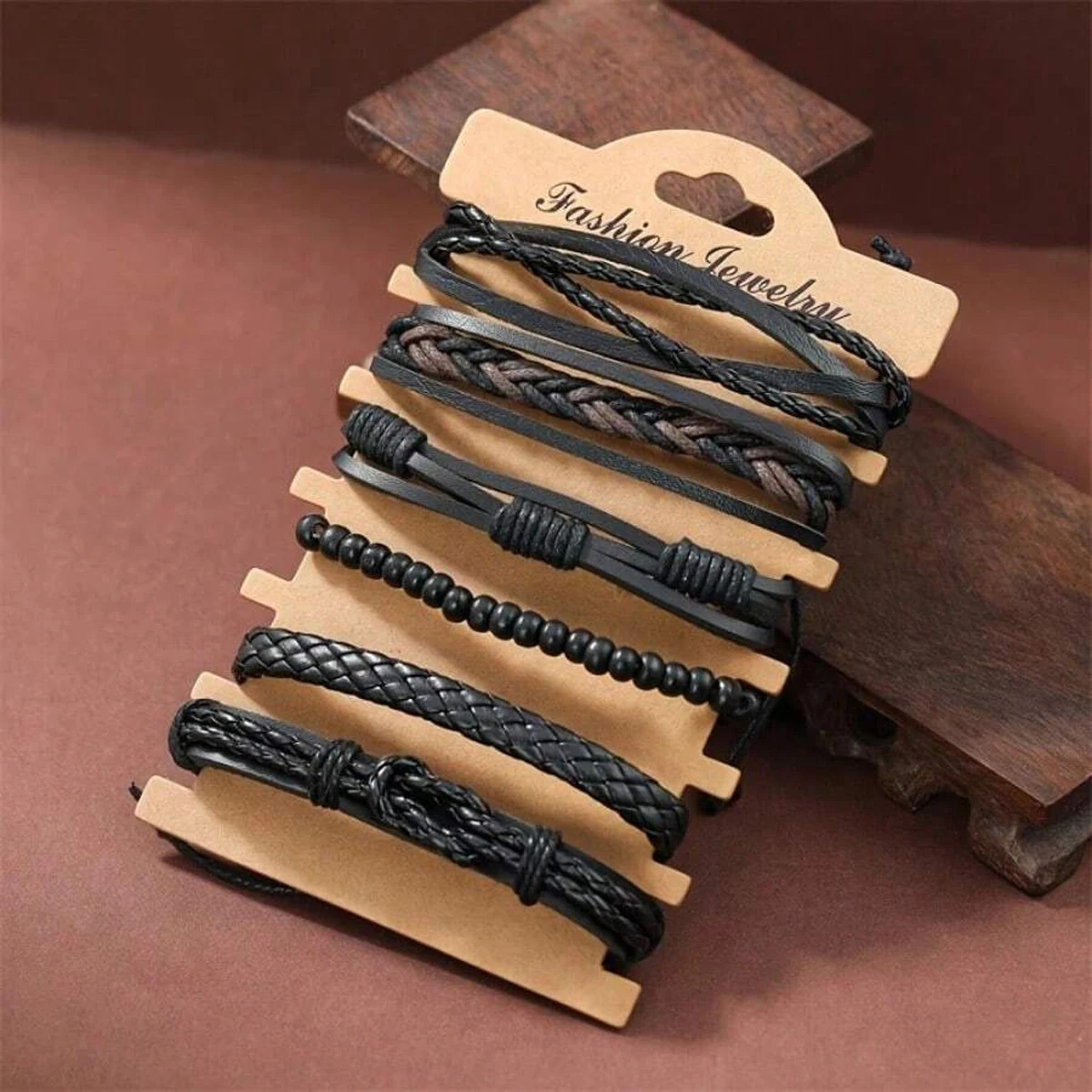 6pcs Mens PU Leather Punk Street Style Black Handmade Men Minimalist Twist Bracelet260624