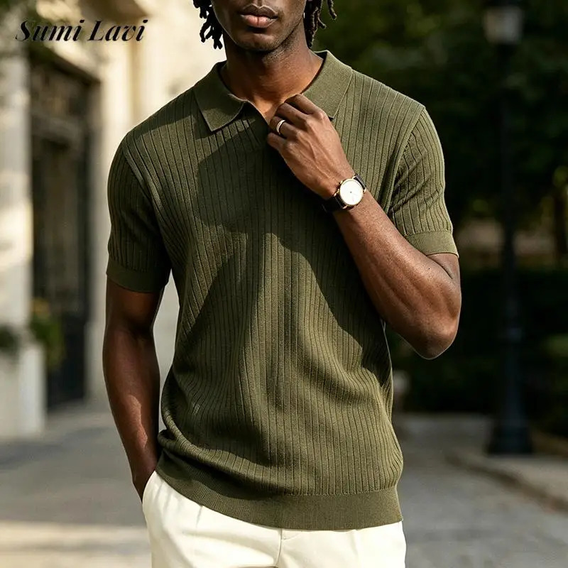 Daily Leisure Mens Slim Elastic Knitted Polos Vintage Solid Color Short Sleeve Knitting Polo Shirt Men Summer Stylish Lapel Tops 260623