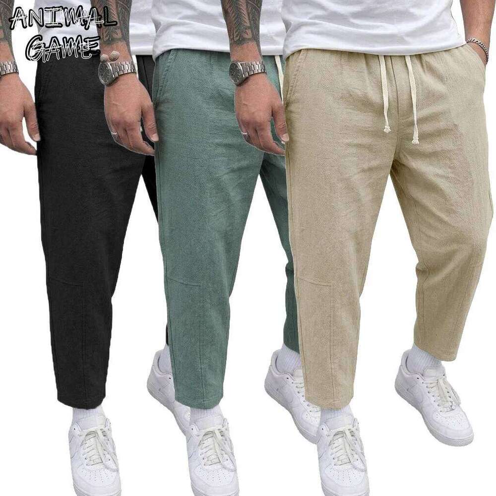 Coreano in cotone e lino da uomo con coulisse Casual allentati dritti larghi pantaloni sportivi leggeri tinta unita traspirante Streetwear W260624