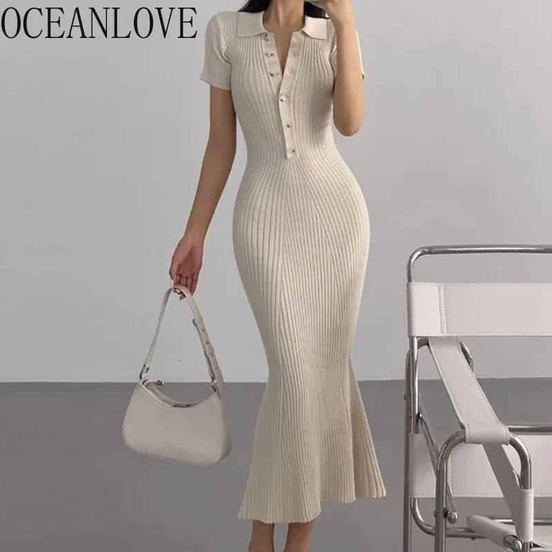 OCEANLOVE Mermaid Ruffles Dresses for Women Knitted Solid Single Breasted Sexy Vestidos Mujer Fashion Spring Summer Long Dress 260623
