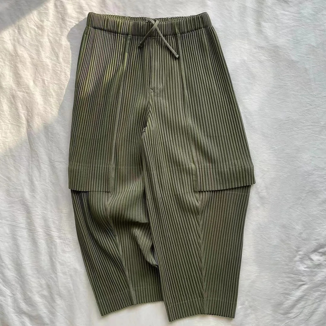 Miyake Summer Casual Overalls Pleated Mens Trend Pleated Army Green Nine-Point Pants Mens Loose Japanese Nine-Point Pants 260622