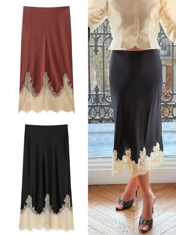 HH Elegant Women Patchwork Lace Hem Satin Skirt Fashion Female Spring and Autumn High Waisted Side Zipper Slim Fit Midi 260610