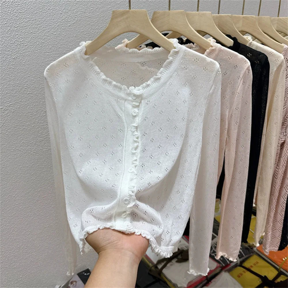 Korean Style Cute Hollow Out Thin Knit Cardigan Women Summer Black White Beige Pink Long Sleeve Slim Short Button Top 260623