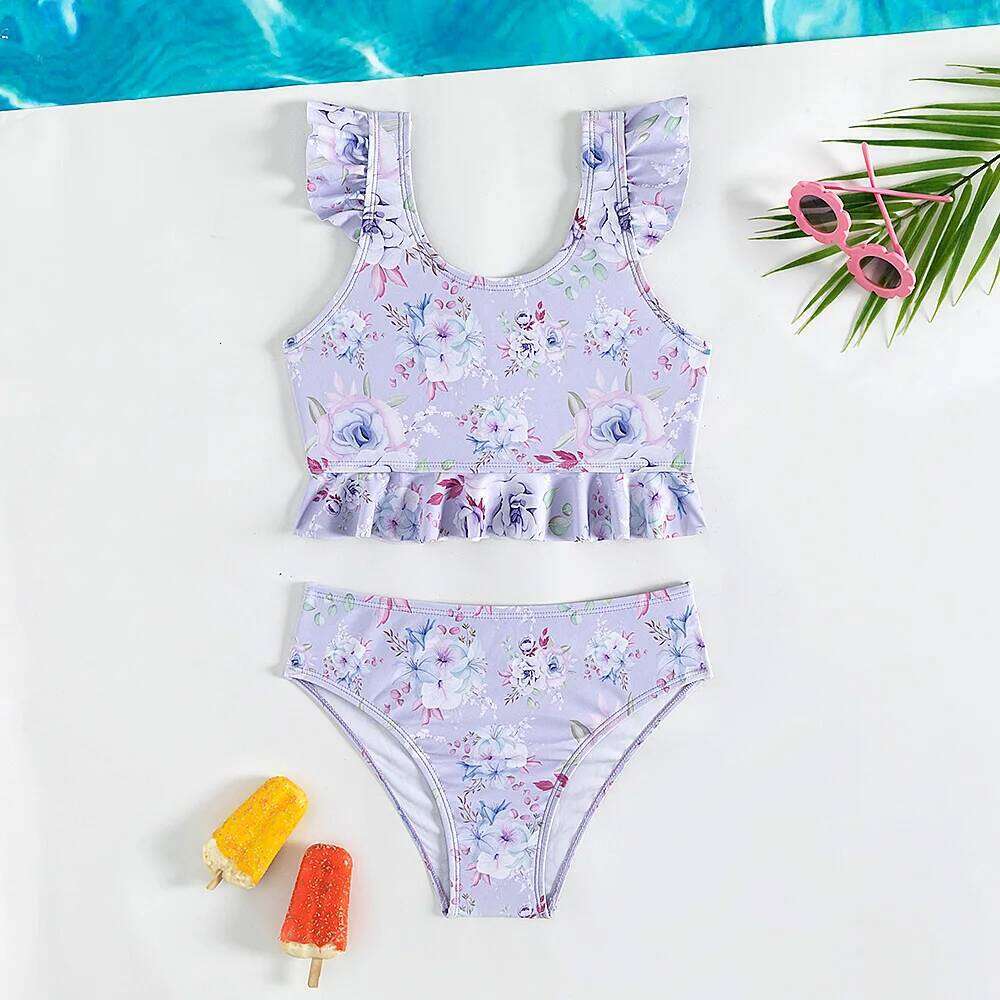 Girls two-piece Swimwear Floral Print purple Bikini Set Ruffles Fly Sleeve Bathing Suits Summer girls Beach wear 5-14Years W260624