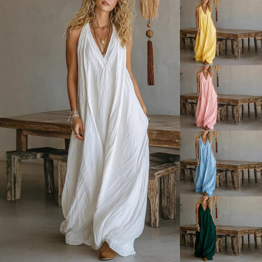 New Women's Casual Dresses Sleeveless Loose Pockets Women's Cotton and Linen Long Dress