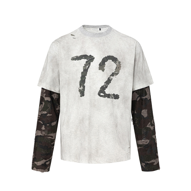 Retro Camouflage Patchwork Fake Two Piece Long Sleeve Men T Shirt Streetwear Brand Design Loose Hip Hop Washed Vintage Mens Top Mens T-Shirts