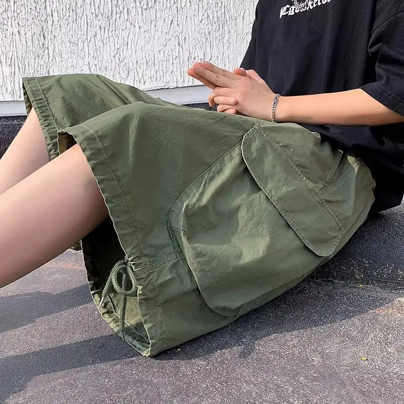 Man Casual Cropped Pants 2026 Summer Mens American Vintage Cargo Shorts Big Pockets Drawstring High Street Loose Wide Leg Pants 260623