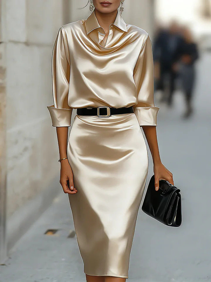Abito camicia in raso con collo ad anello e cintura manica lunga aderente midi per donna elegante abito da sera casual per feste 260623