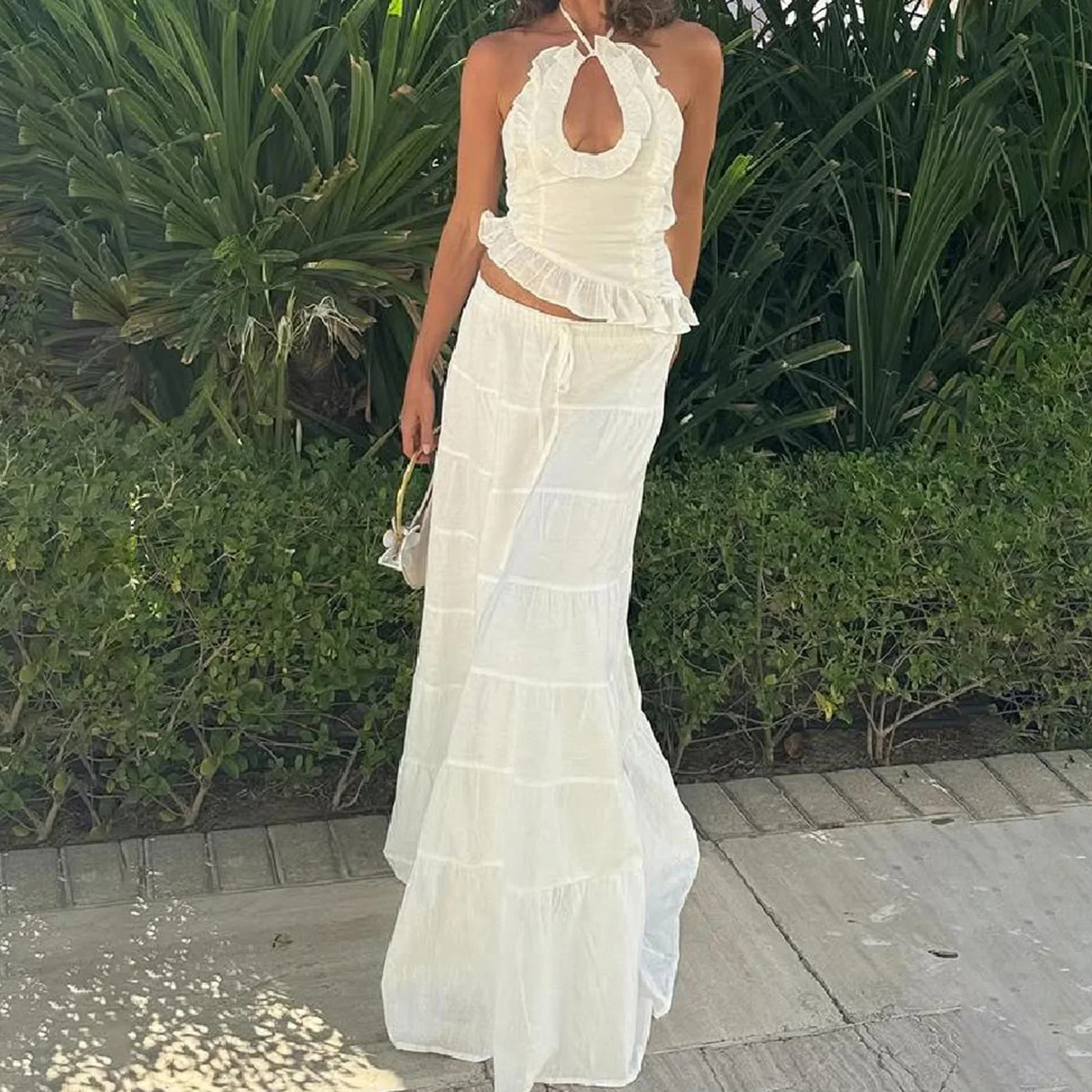 Women Maxi Skirt Set Y2k Ruffle Tie Back Sleeveless Backless Halter Top Long Skirt Summer Vacation Beach 2 Piece Outfits260622