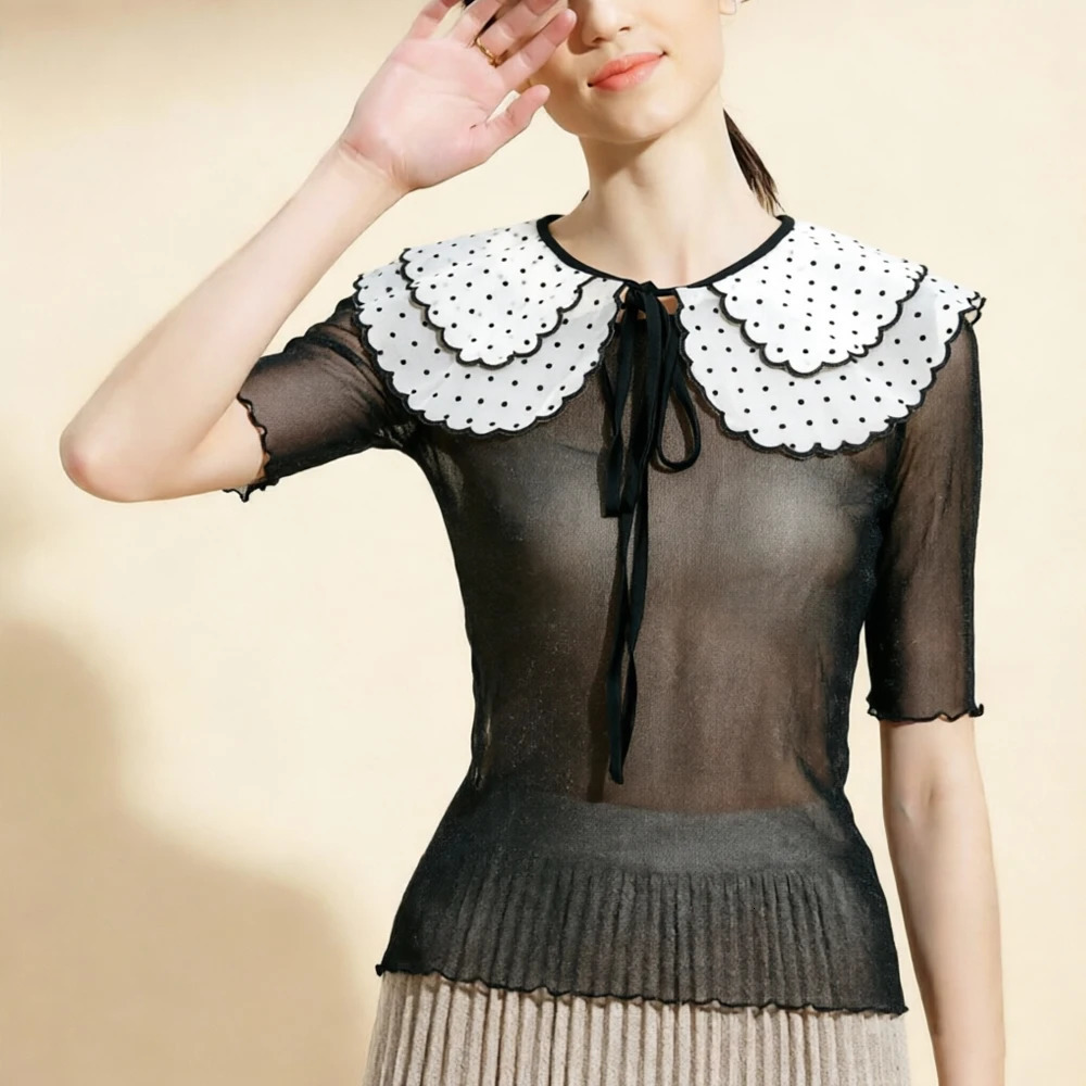 Donna Y2K Argento lucido Camicia in pizzo floreale Colletto per bambole T elastico per ragazza Maglietta a maniche corte Camicette femminili S2XL To