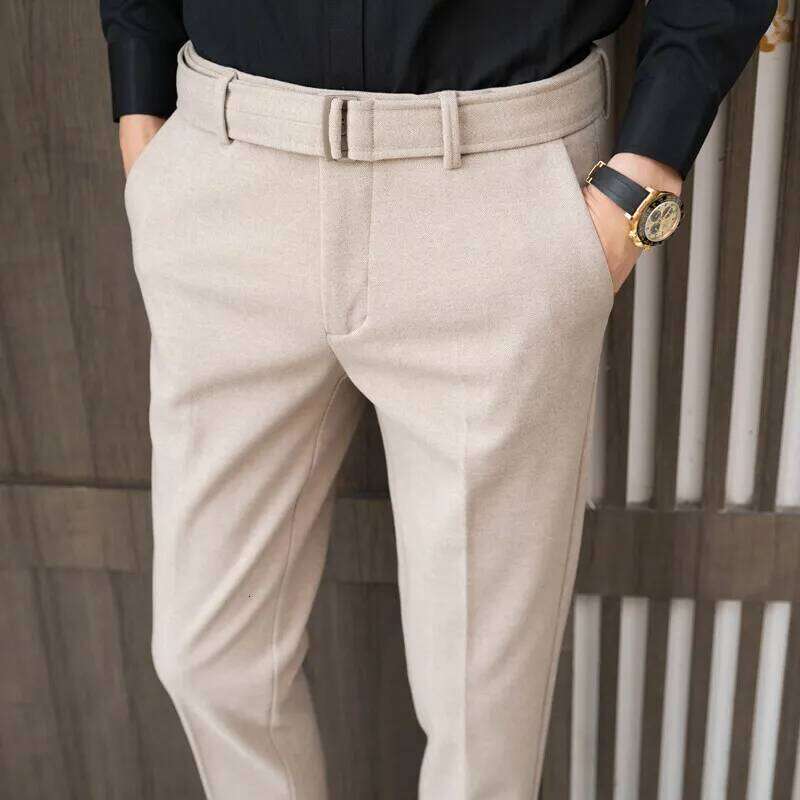 Men's Milled Pants, Autumn and Winter Thickened Solid Color Business Casual with Belt Pants W260624