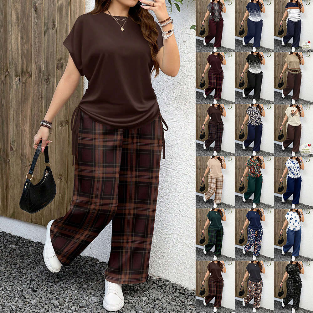 Plus-Size Women's Vintage Plaid Print Casual Short-Sleeve Top And Wide-Leg Pants Two-Piece Set