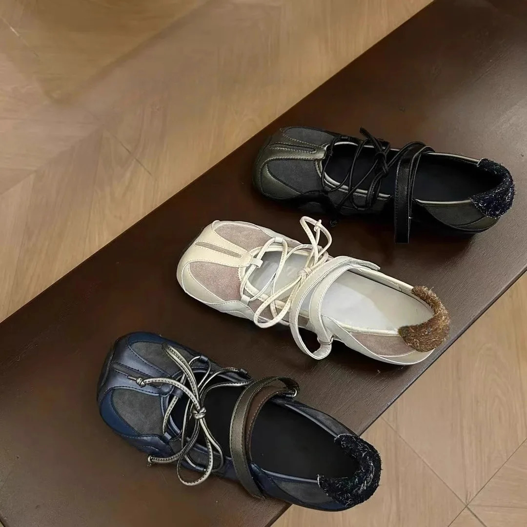 Womens ballet flats Fashion Korean ballet style lace-up retro casual shoes Comfortable lightweight ballet sneakers 260623