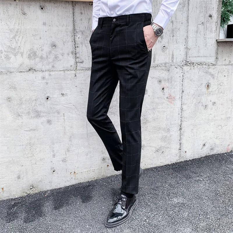 High Quality Men Business Social Plaid Striped Suit Pants 2024 Fashion Wedding Groom Slim Fit Trousers 260618