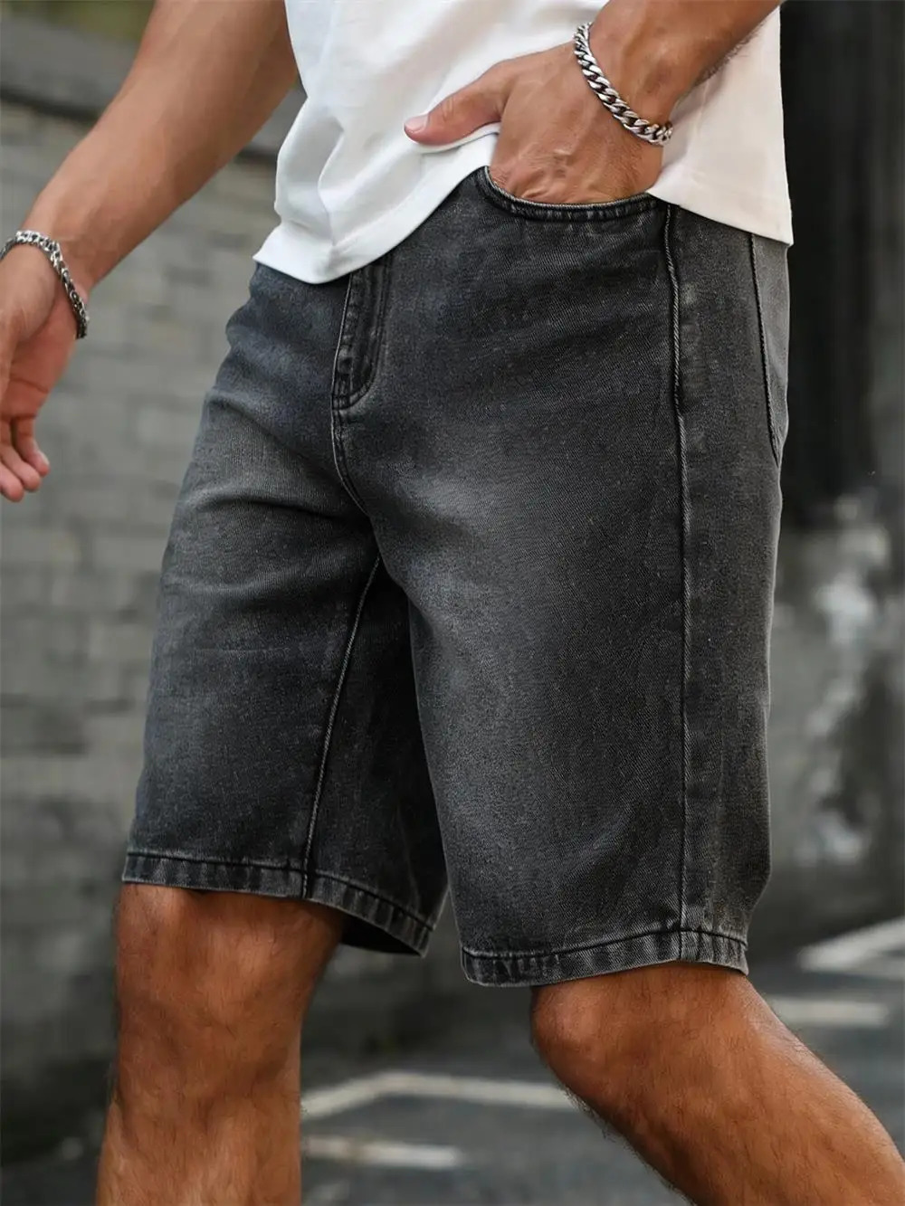 Mens Black Grey Washed Denim Shorts Casual Loose Straight Fit Knee Length Jeans Streetwear Fashion Male Bottoms Summer 260618