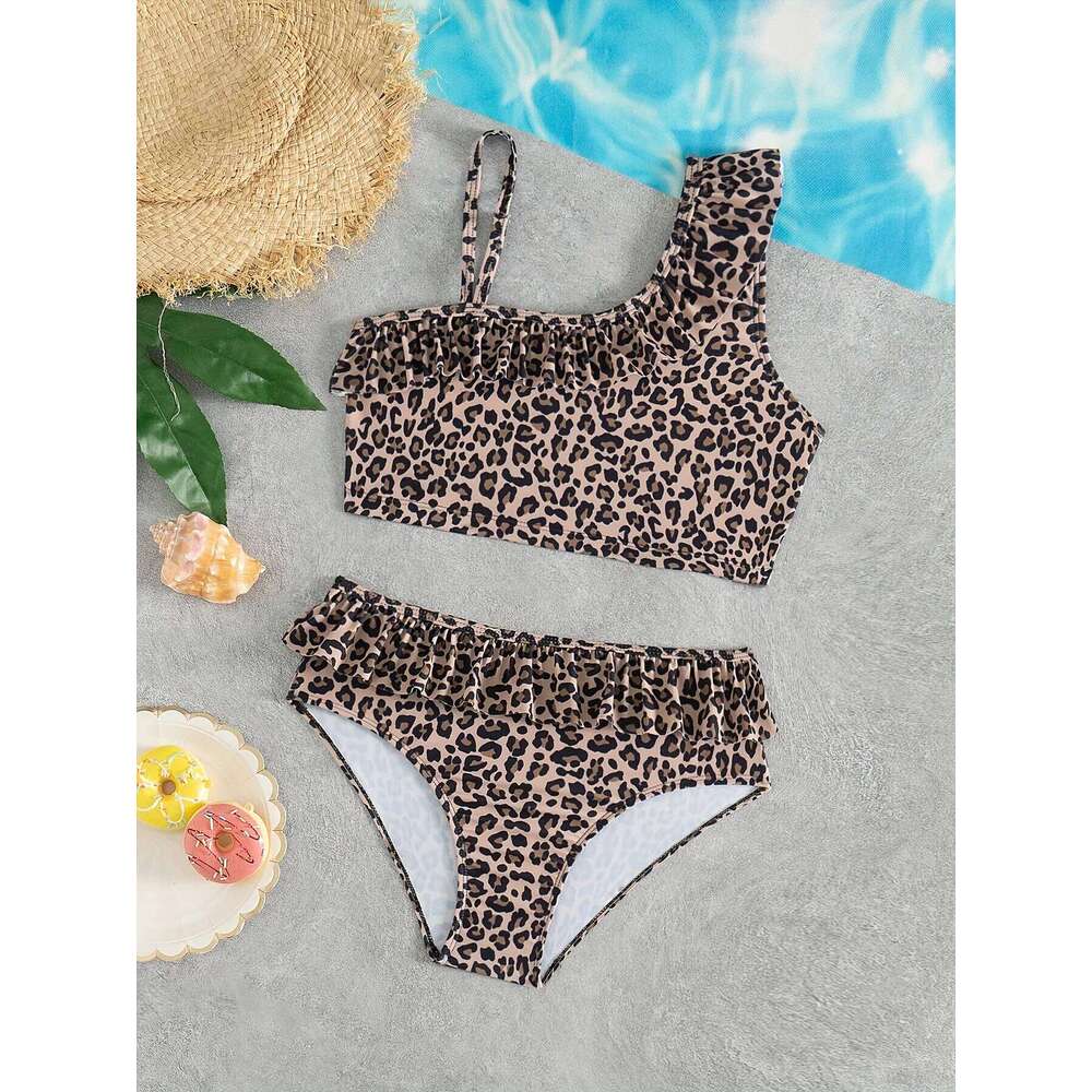 Costume da bagno da bambina con stampa leopardata per bambini, bikini asimmetrico con bordo volant, set da 2 pezzi per piscina e spiaggia W260624