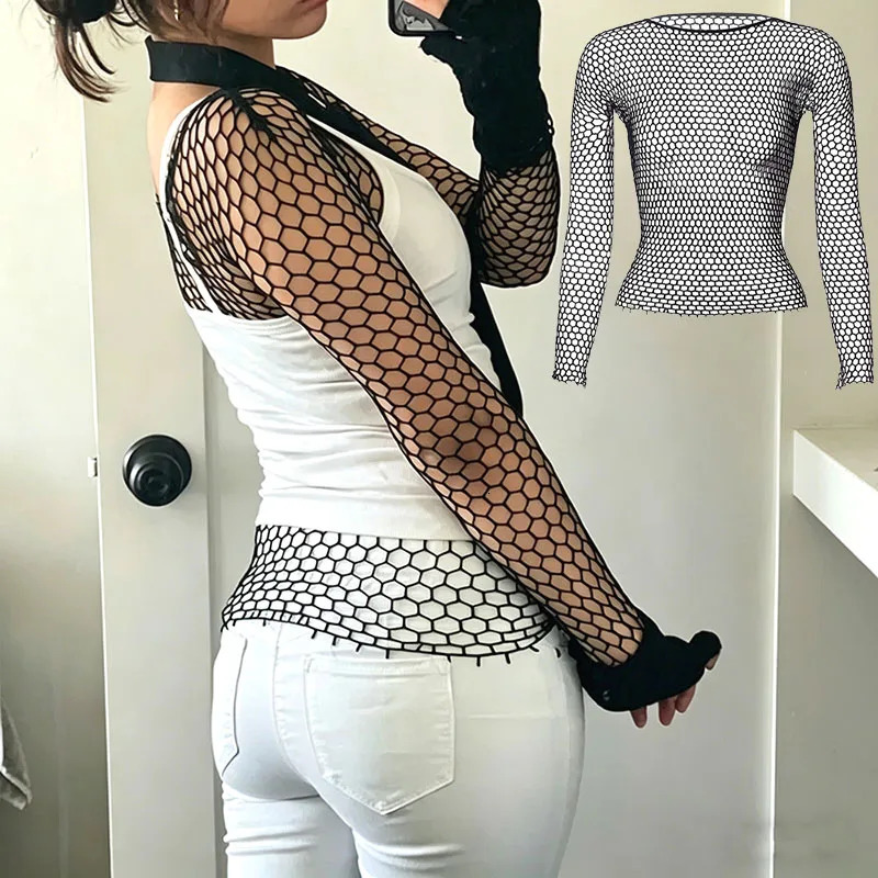 Sexy T-shirt a rete scavata femminile Top corto aderente alla moda Top basic estivi per donna Camicia a rete 260618