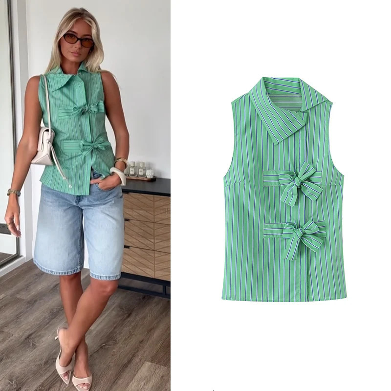 Womens Shirt 2026 Spring Summer Green Bowknot Sleeveless Striped for Women Casual Chic Personality Female 260623