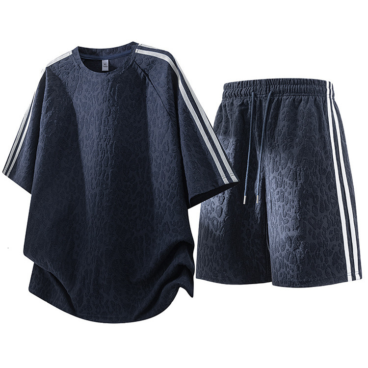 Sportswear T Shirt Shorts Striped Short-Sleeve Plus-Size Suit Men, New Summer Style, Loose Casual Two-Piece Set, Trendy Brand For Teenagers, Complet