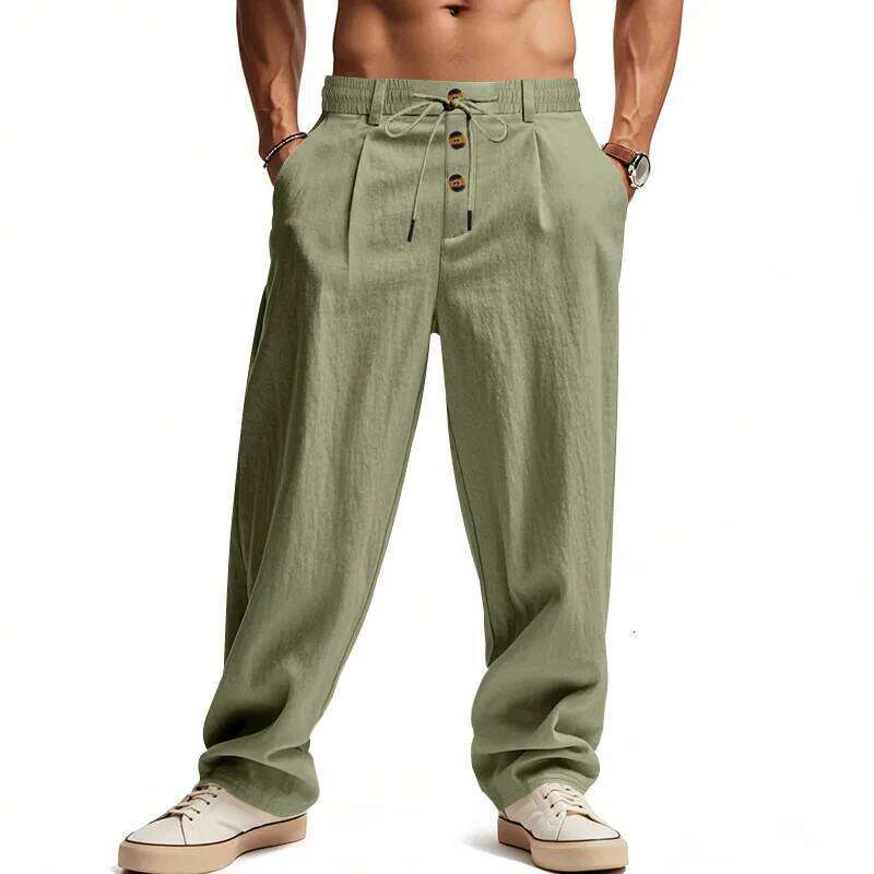 Men's Linen Cotton Casual Loose Straight Leg Trousers Button Fly Drawstring Waist Solid Color Summer Beach Long Pants W260624