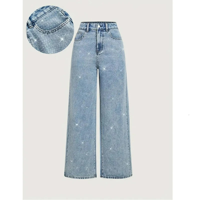 Women Diamonds Spliced Jeans Elegant Casual Midi Waist Denim Pants Solid Pockets Button Pant Washed Slight Strech Autumn Winter 260623