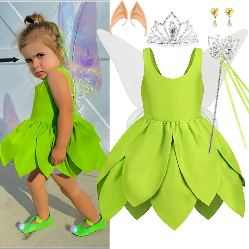 2024 Baby Girls Fairy Miss Tinker Dress Suspenders Frock Elves Cosplay Halloween Costume Child Pixie Elf Carnival Clothing Robes260624