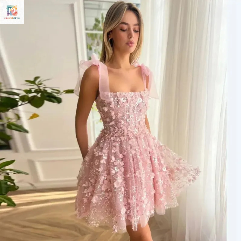 Principessa rosa corto abiti da ballo formali 2026 cinghie 3D fiore pizzo ricamo tulle abiti da festa per ritorno a casa spettacolo compleanno abito