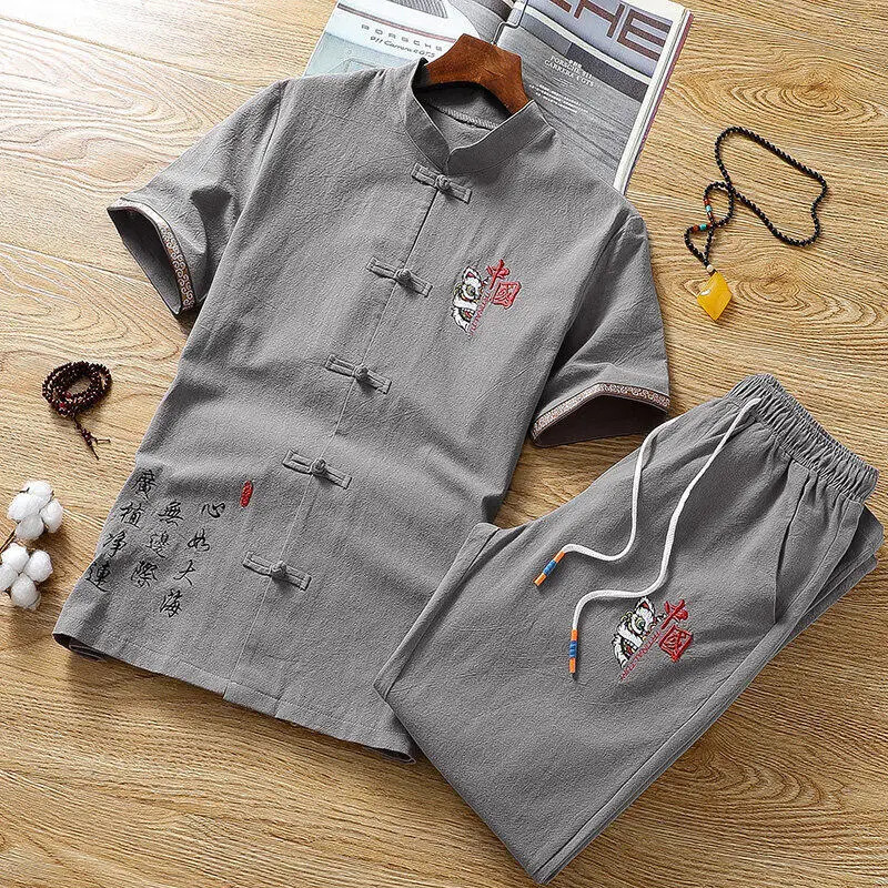 Summer Chinese style Shirts Pants Print 100 Cotton linen Sportswear Mens Casual Sets Male Fashion 260624