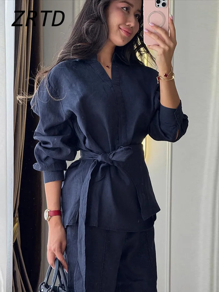 Fashion Womens Linen Pants Set 2 Pieces Lace Up Lapel Buttons Shirt Wide Leg Pant 2026 Spring Summer Lady Casual Holiday Suit 260617