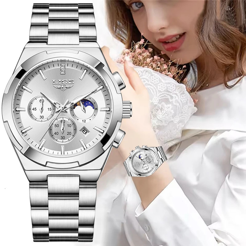 LIGE Waterproof Watch For Women Luminous Stainless Steel 24 Hour Moon Phase Ladies Quartz Watches Casual Sport Date Chronograph 260624
