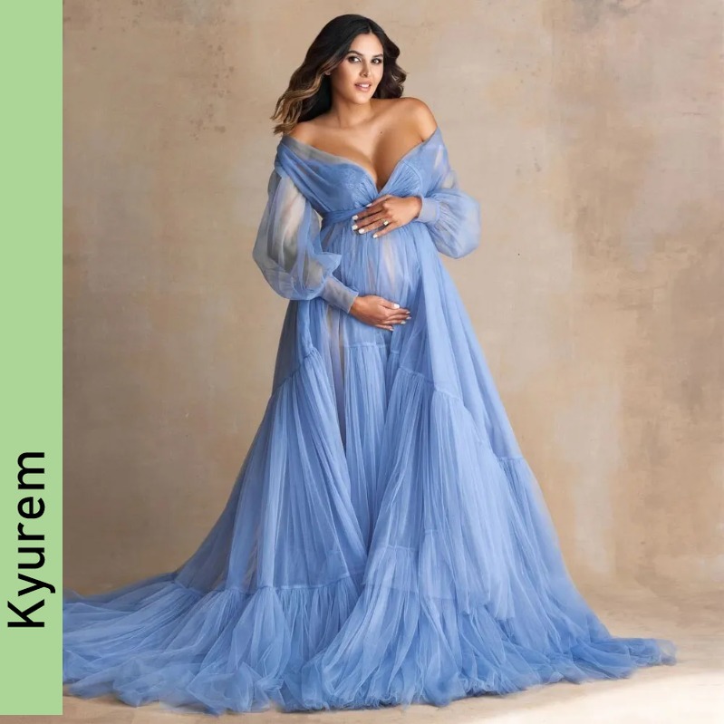 Fluffy Blue Ruffle Tulle Maternity Dresses Off Shoulder Pregnancy Plus Size Special Occasion Dresses Robes with Sash Customizable