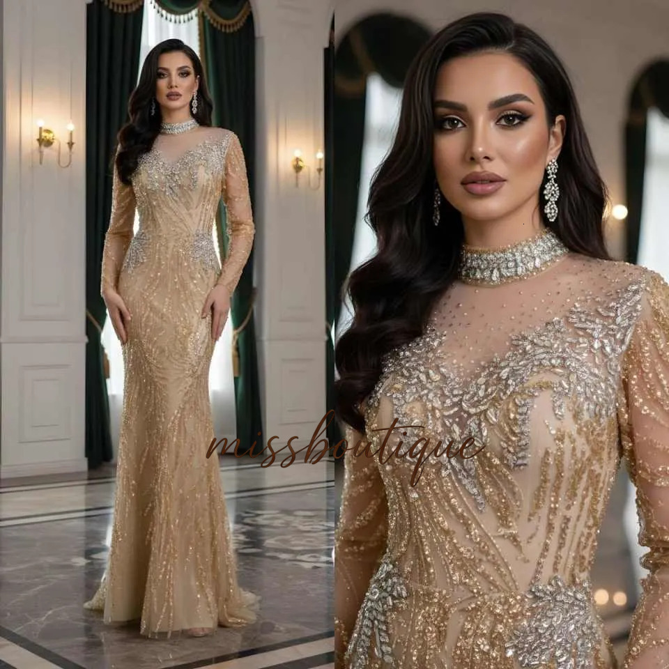 Luxury Muslim Bead Mermaid Evening Dress For Women High Neck Long Sleeves Formal Prom Party Vestidos De Fiesta Elegantes Q624