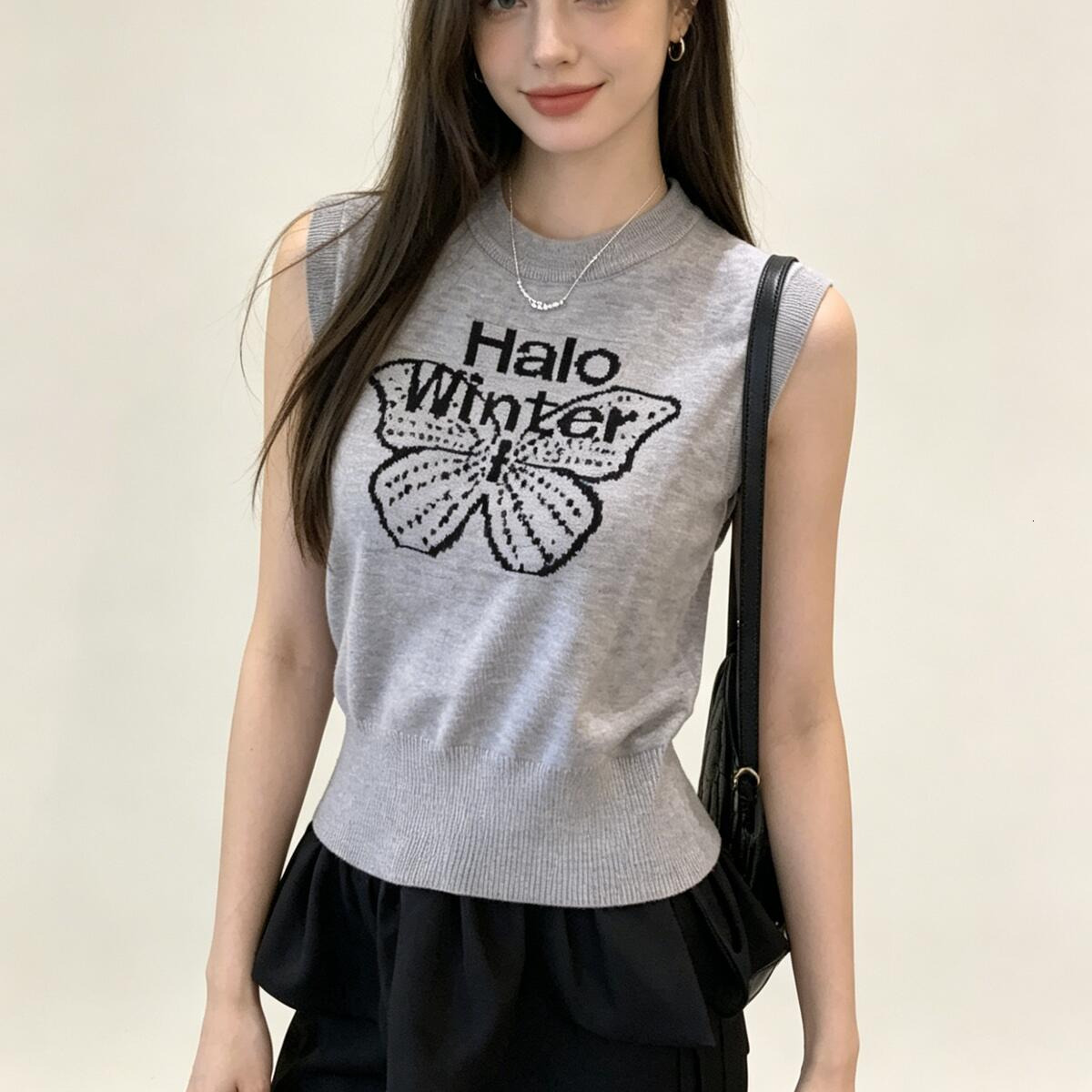 Women'S Butterfly Letter Jacquard Vest Women'S Korean Style Vest For Daily Wear Chic 2026 New Spring Summer Slim Fit Sleeveless Knitted Sh