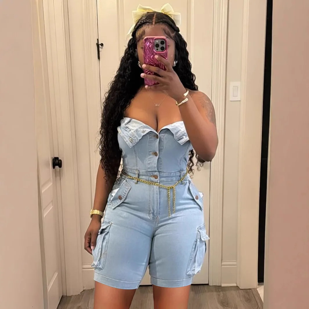 Multi Pockets Jeans Cargo Playsuit Sexy Women Strapless Elegant Demin Casual Romper Overalls 260623
