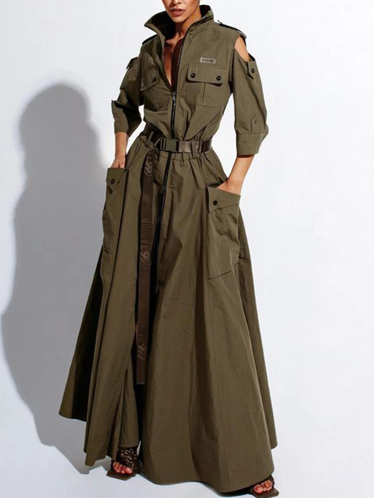Summer Dress for Women 2026 Retro Turn-down Collar Cold Shoulder Half Sleeve Zipper Belt Pockets Split High Waist Maxi Dresses 260623